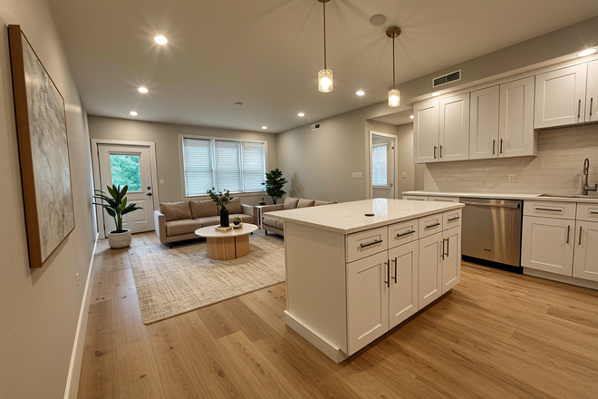 Kitchen/living room (virtually staged) - *NO BROKERS FEE!* NEW CONSTRUCTION! 2 Bed/2Bath LAUNDRY IN UNIT! Parking Inclu.! Avail. 8/1/26!! Apartments