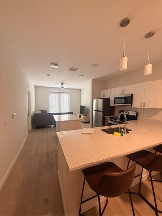 Sleek, modern open-concept kitchen flowing directly into the living space. Perfect for studying and hosting! - Vibe Orlando