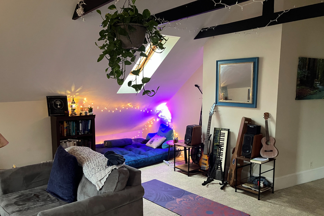 Also in the living room: music corner, reading nook and bookshelf, and yoga/fitness space - Porter Square Apartments