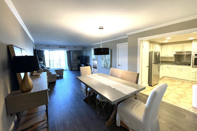 Living area facing outdoor patio - Fully Furnished 1/1 for rent, 6 month minimum. 24 hour doorman, secure parking