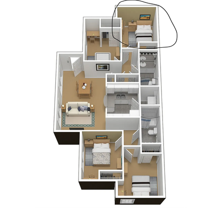 This is the layout of the floor plan of the apartment. I circled the room that could be yours! - The Courtyard Apartments