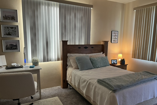 Bedroom with full size bed - Bedroom With Private Bathroom/Balcony Available for January-July 2026 Apartments