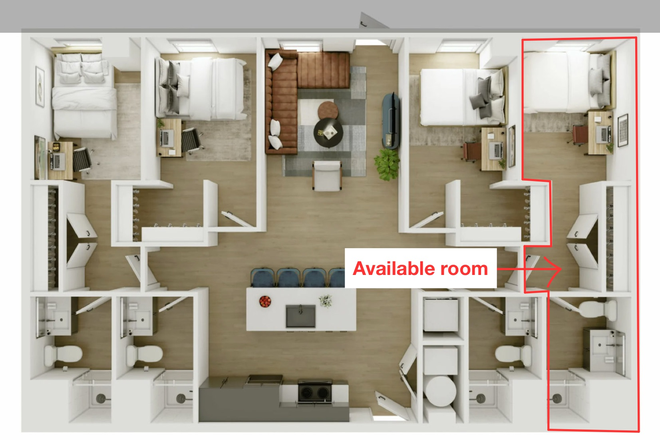 Bedroom on Floor Plan - 1 Bed/1 Bath in 4x4 at EVER - $1515/month - 2026-2027 Lease - 15 Min Walk to Purdue Apartments
