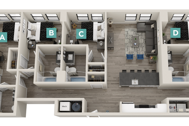 shows 5 beds, 5 baths, living room, kitchen, laundry room. - The Standard Apartments