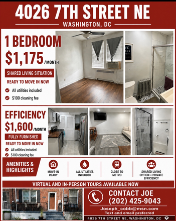 Location Availability - ALL Utilities Included--Brookland-CUA Metro (Red Line)