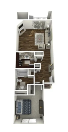 Kitchen features dark brown cabinets, stainless steel appliances and faux brown granite countertops - Winterhaven Terrace Apartments