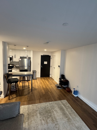 Kitchen living room with large area rug couch bar and bar stools etc - Furnished 1BR Sublet at Soldiers Field Park — Steps from HBS