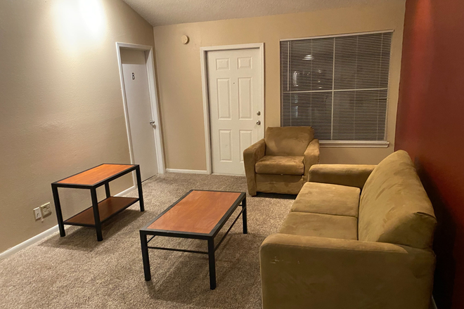 Fully furnished living room, balcony entrance - $410/month Summer Lease at The Jane at College Station