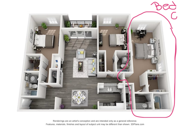 Bedroom C! The biggest bedroom in the unity with its own walk in closet and private bath! - Arden Villas, Super Close to Campus!! Apartments