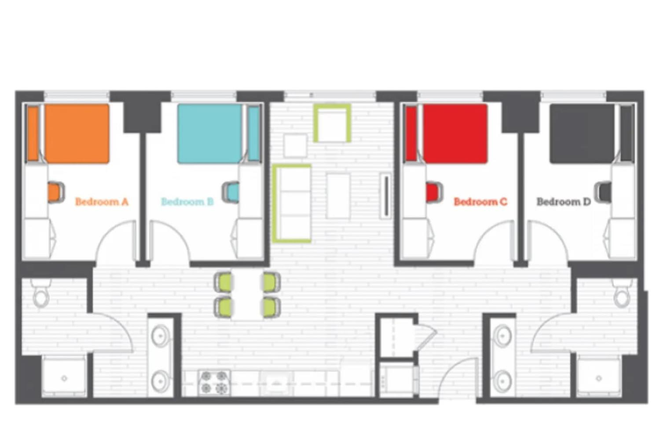 Layout of the unit. Unit for sublet is bedroom B. - The View at Montgomery Apartments