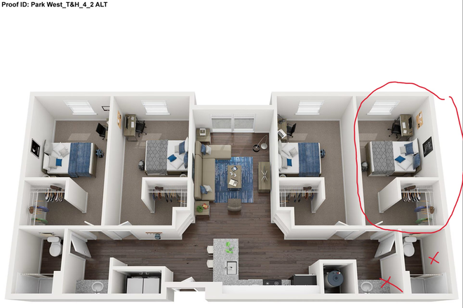 Tower 4x2 Large Floorplan - Parkwest - 4x2 Tower Large (subletting 1 bedroom) Apartments