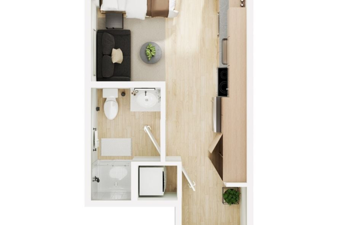 Overhead view of apartment layout (lounge chair takes place of sofa and coffee table) - Chapter at Eugene