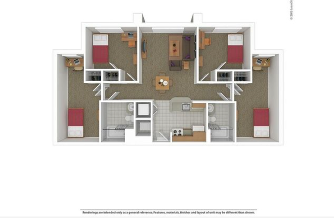 Bedroom D is the one available for sublet which is the end room on the right - South Campus Commons Building 5 Summer Sublet 2026