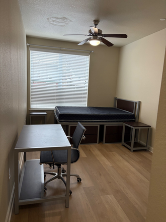 Large light bedroom, large window, fan/light, furnished - University Walk Apts, largest BR in 3 BR balcony unit, walk-in closet, gated parking