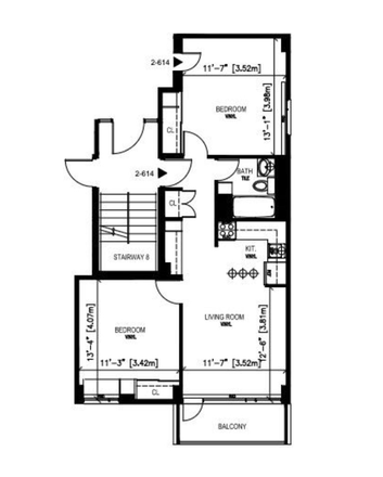 2-bedroom apartment floor plan – sublet bedroom is the upper bedroom - Summer Sublet – 1 Bedroom in 2BR Peabody Terrace Apt, Utilities Included