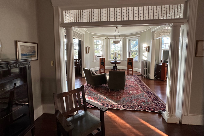 Through Foyer to Parlor - Beautiful Brookline 3 Bedroom. Fully Furnished. Old world Charm. Steps to T and Shopping Apartments
