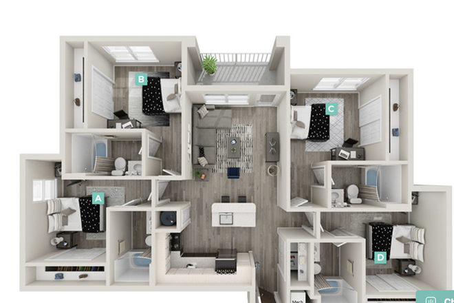 Sunrise D2 4x4 Unit Floorplan - The Retreat East 4x4 Female Sublet, Available Immediately – Private Room & Bath, Shuttle to UCF! Apartments