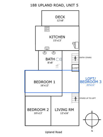 Floorplan - Furnished 3 bed, 1 bath top floor condo with private deck