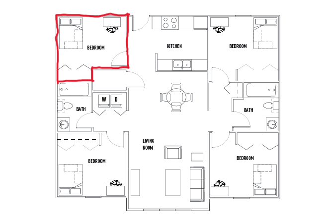 floorplan of the the unit. Including the bedroom listed outlined in red - Royal Village, Private Room close to campus
