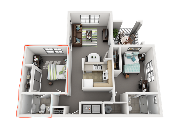 Floorplan of entire unit, subleased room is in red. - Cabana Beach Apartment Sublease for Fall 2026