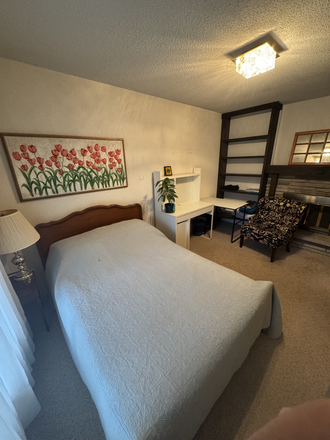 Large fully furnished bedroom with double bed, 2 desks if needed, comfortable desk chair, lounge chair, bookshelves and ample storage space - Bright Furnished Large Room in Townhouse, available September 1
