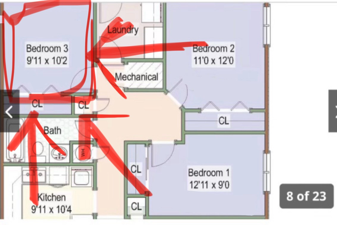Floor plan excluding Dining room and living room. (Below bedroom 1 and kitchen) House is being renovated in July. - ALL GIRL 1 bedroom in 3 bedroom house