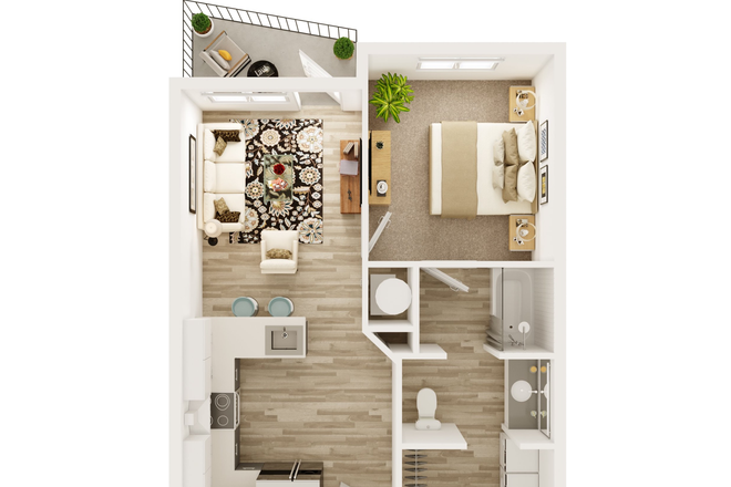 Floorplan featuring kitchen, living room, balcony, bedroom, bathroom, and walk-in closet - Entire 1 bedroom at Vue, Winter through Summer Apartments