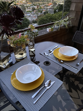 Lunch in our balcony with view of the Berkeley Hills - quiet furnished room in designer condo with view, close to UC Village, buses to campus,