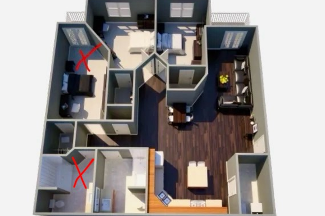 Floor Plan, marked with the red X is bedroom and bathroom - Village West Apartment Summer 2025