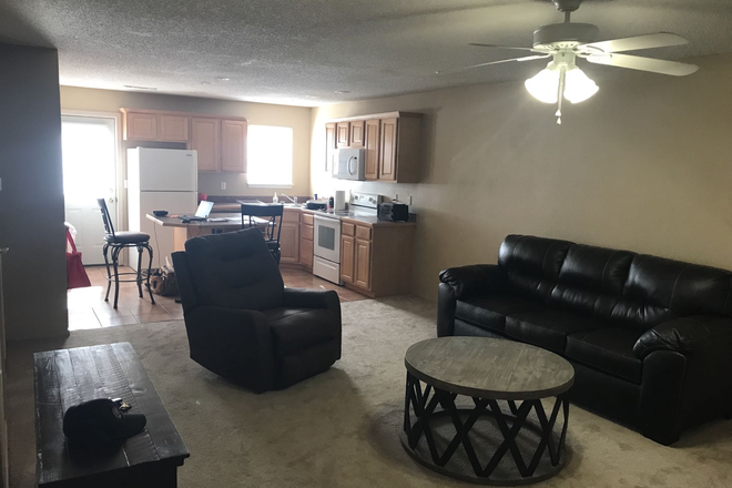 Living room then kitchen - Two BR, 2.5 bath Townhouse 6 blocks from UARK - Looking for 1 mature & clean roommate