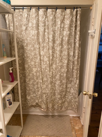 Shower and storage shelf - Private furnished room. Shared bathroom. Female only. Shared house.