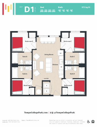 D1 Floor Plan - TEMPO SUBLET SPRING/SUMMER 26 - PRIVATE ROOM/BATH IN 4X4  - DISCOUNT $800! Apartments