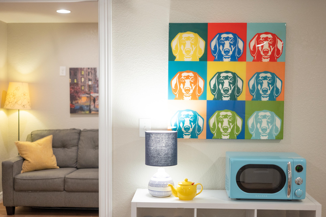 Kitchen microwave - Furnished bright and colorful full basement apartment