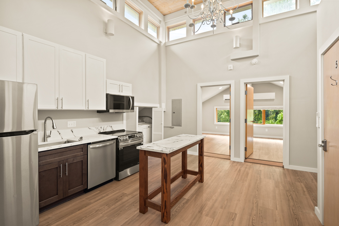 Kitchen with stainless steel appliances - View Apartments - BRAND NEW, Close to Campus