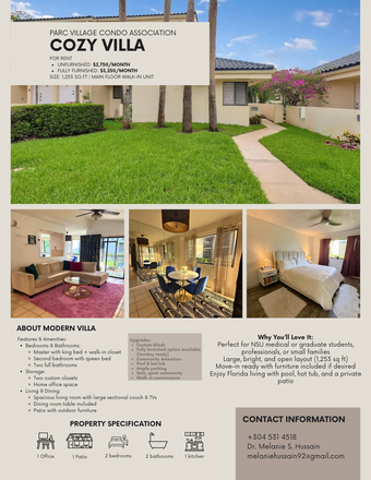 Flyer of Rental Property - Parc Village Condo Association: Cozy Villa close to NSU