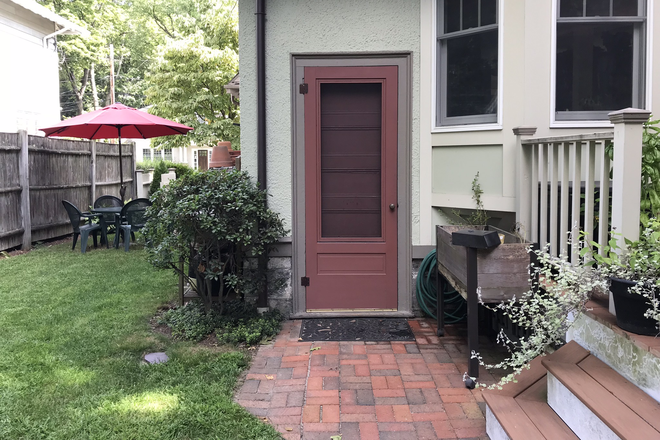 Garden entrance to apartment - On C & D Green lines:Cozy, FURNISHED, $2,000 for Brookline 2 bedrm apt., perfect for GRAD student