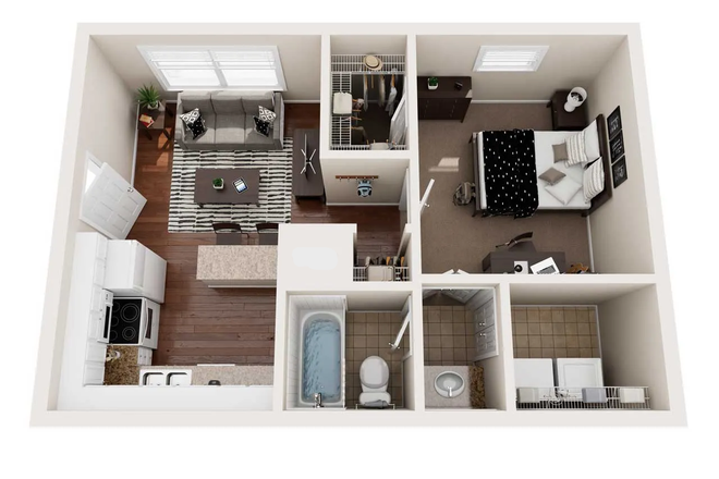 Floor Plan - Eagles West Apartments, Single bed and bath, laundry, kitchen, etc.
