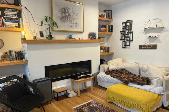 living room w, fireplace - Lovely 1 bedroom w/fireplace near T and MGH JP,,Arnold Arboreteum,Roslindale Village