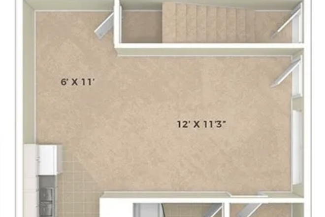 Junior Studio floor plan with living area, kitchen, bathroom, and storage space. - Spring 2027 Private Junior Studio at Vairo Village – Jan 1 to May 31