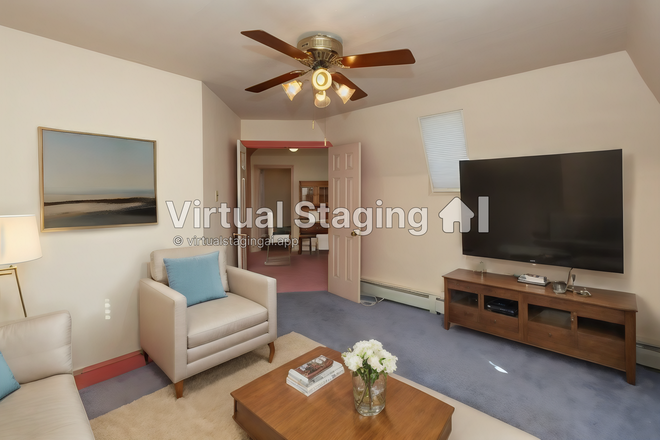 Light-Filled Living Room; (simulated furnishings) - WELCOME PENN GRAD STUDENTS! Costs less in suburbs: 1 Bed, 1 Bath w/ Bonus Room,  Close to Train Apartments