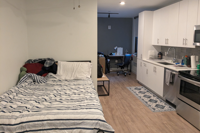 Bed, kitchen area, desk - Single Studio F at the Hub On Campus Apartments