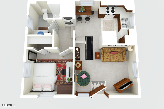 Floor 1. This 3D rendering is for illustrative purposes only and features of the unit may differ. - 1 Bedroom across from Center for Health & Behavioral Sciences! Apartments