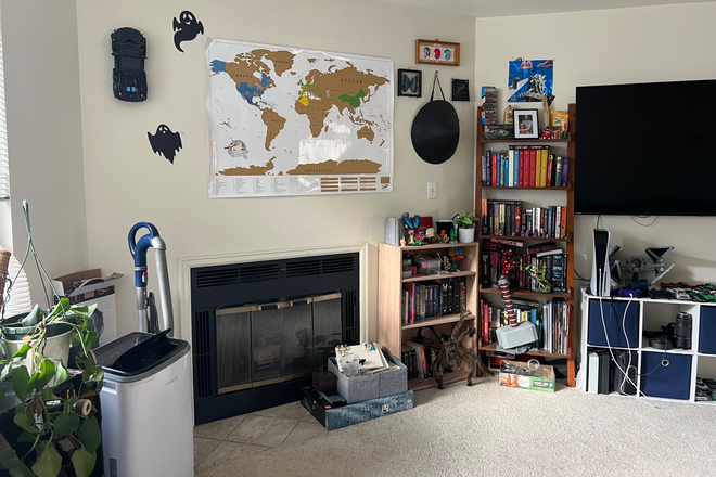 Living Room and Fireplace - Private Room with Bathroom for Sublease Spring Semester 2026 Apartments