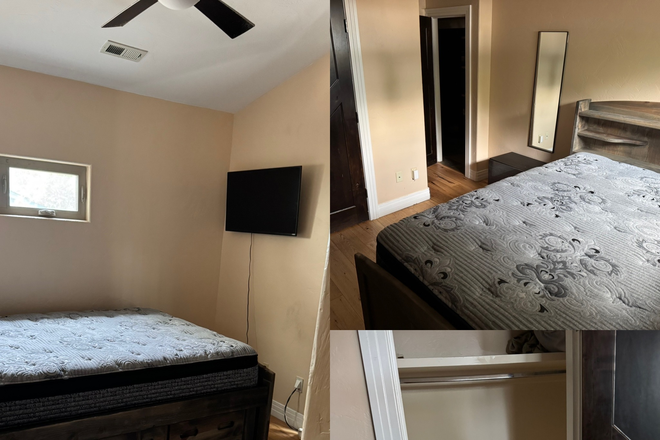 Downstairs bedroom comes with bed, and tv there’s an office space with a desk next to it with bathroom down the hall. - Trevor Hartle House