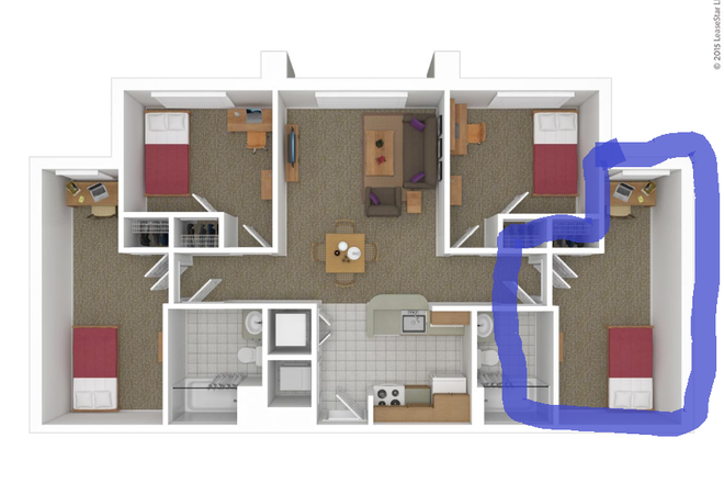 layout with room circled in blue - South Campus Commons 2, on campus next to dining hall Apartments