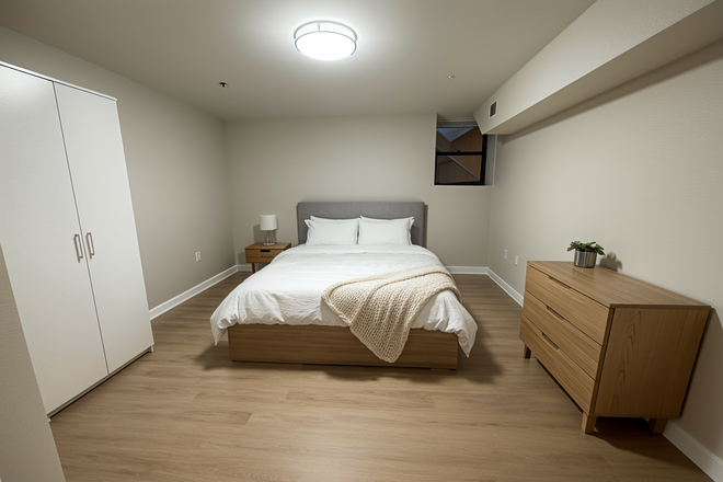 Bedroom (Note: Staged photos are digitally rendered and intended to illustrate how the unit may look furnished.) - 1204 Chestnut Apartments