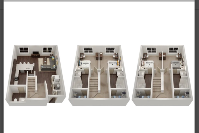 3 levels, private rooms, private bathrooms, private bathrooms - The Hayward Apartments