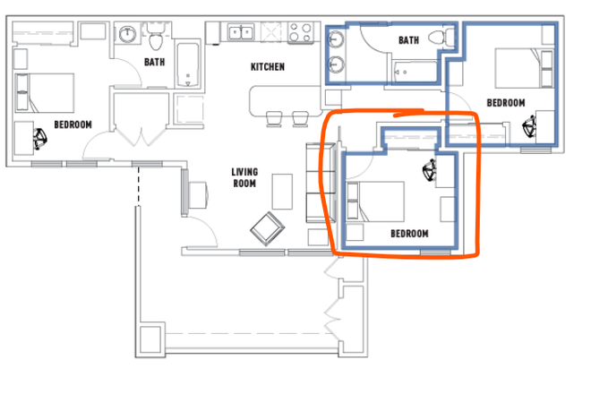 Floor Plan - ACC, University Apartment for Students, 1 (one) private room-shared bathroom sublease
