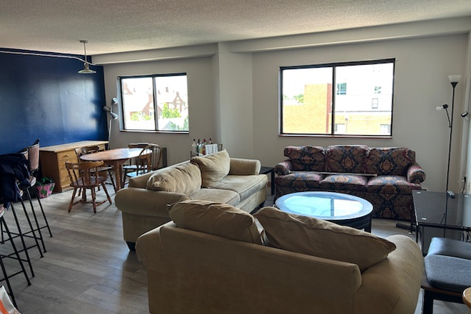 Living room on right, dining area background, note 2 windows wide! - College Ave Hetzel Plaza 3 bed, 2 full bath UNIQUE