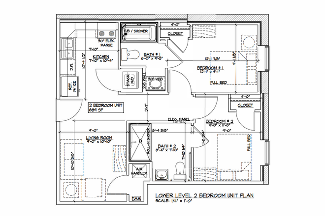 Floor plan of entire unit. Available room would be the one towards the lower edge of the image. - 494 Lofts 2 Bedroom Street Level Suite